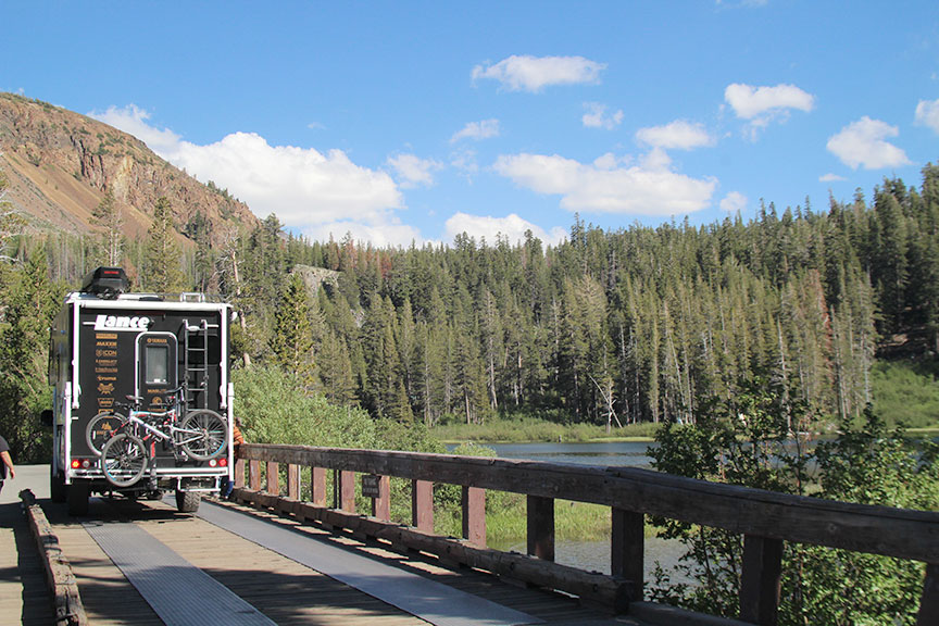 Altimeter crossing bridge in campground at Mammoth Lakes, California.