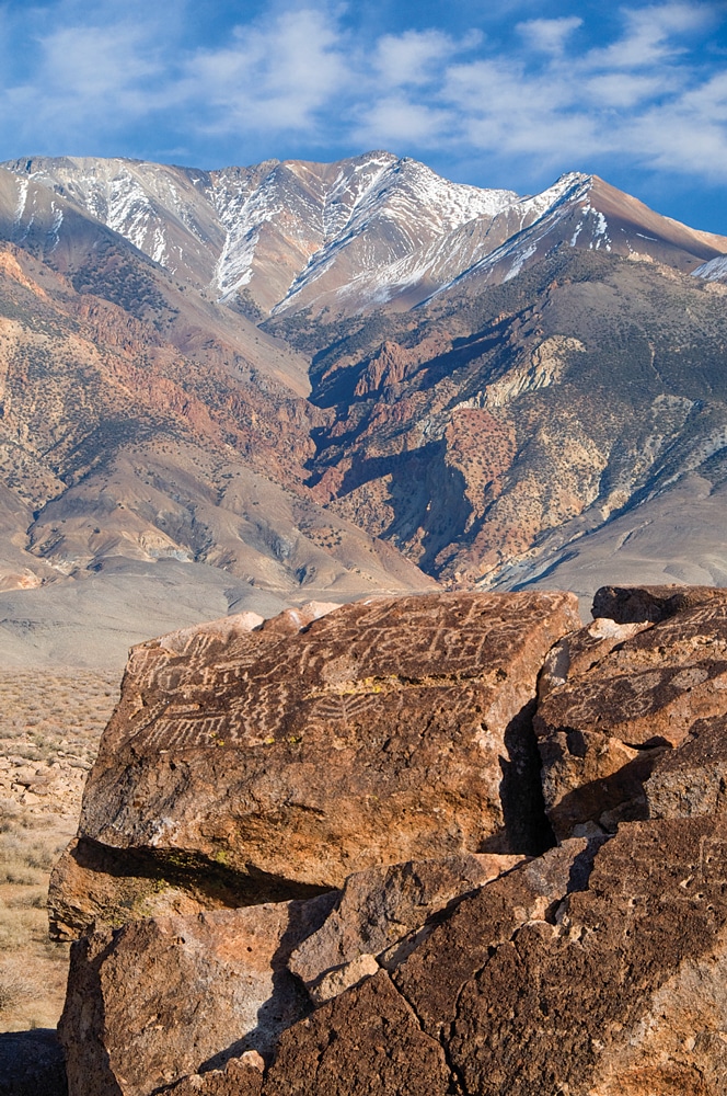 red rock petrogylphs with stunning views of the eastern Sierra Nevada.