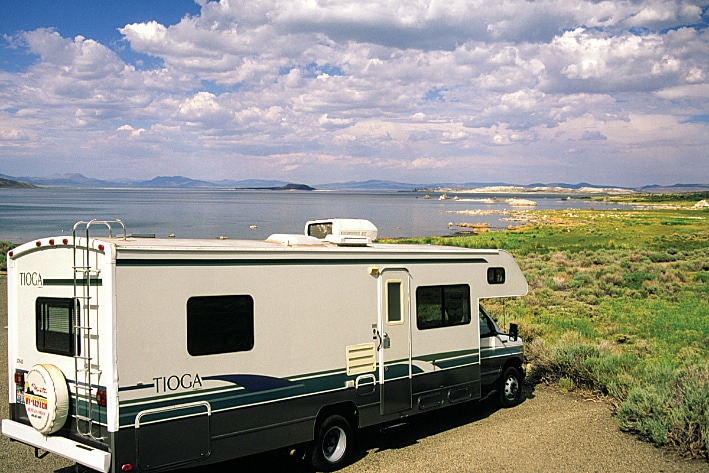 A turnout at the Old Marina Tufa Area offers RVers an expansive view of Mono Lake.