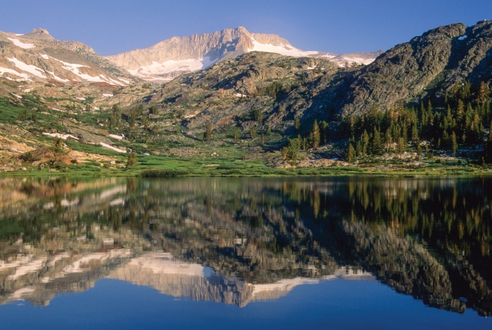 lake with reflection at Sawmill Lake on Bennettville Trail in Inyo National Forest. 