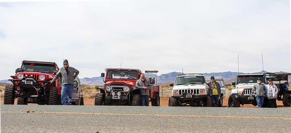 Six jeeps lined up at the start of the journey