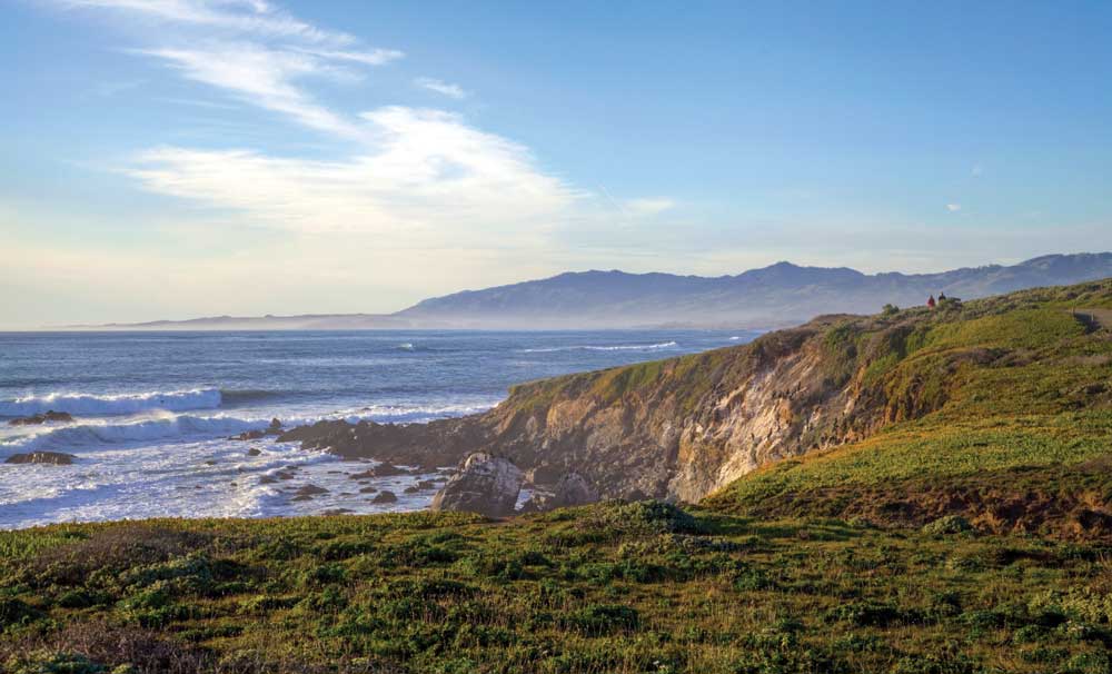 Farther north in Cambria, a sunny afternoon treats hikers to panoramic views from the bluffs of Fiscalini Ranch Preserve, 434 idyllic acres of public open space.