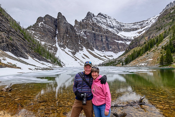 Emily and Mark Fagan pose at Lake Agnes in Alberta's Banff National Park.