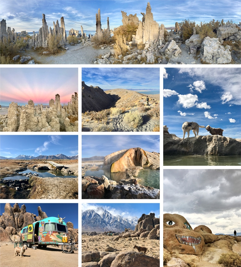 Collage of nine photos showing scenes on California road trip
