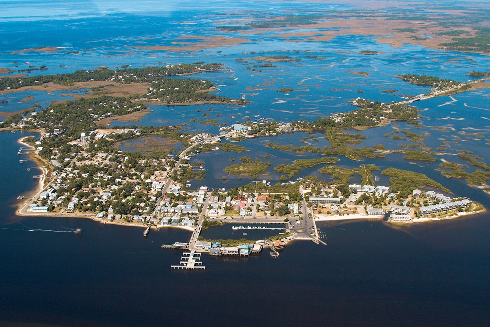 A bird’s-eye view of Way Key, the primary island upon which the city of Cedar Key is built.