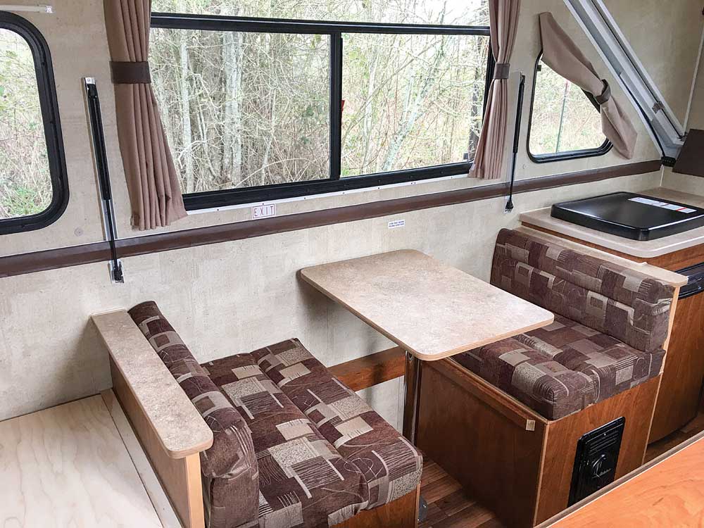 Interior photo of Chalet-XL a-frame trailer in raised position