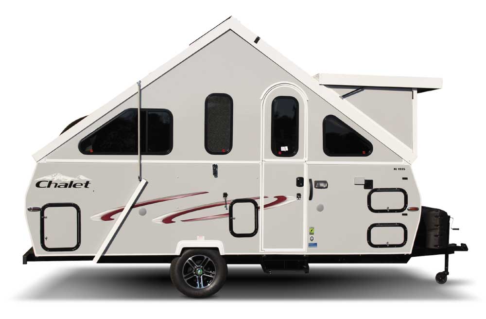 Exterior photo of Chalet-XL a-frame trailer in raised position
