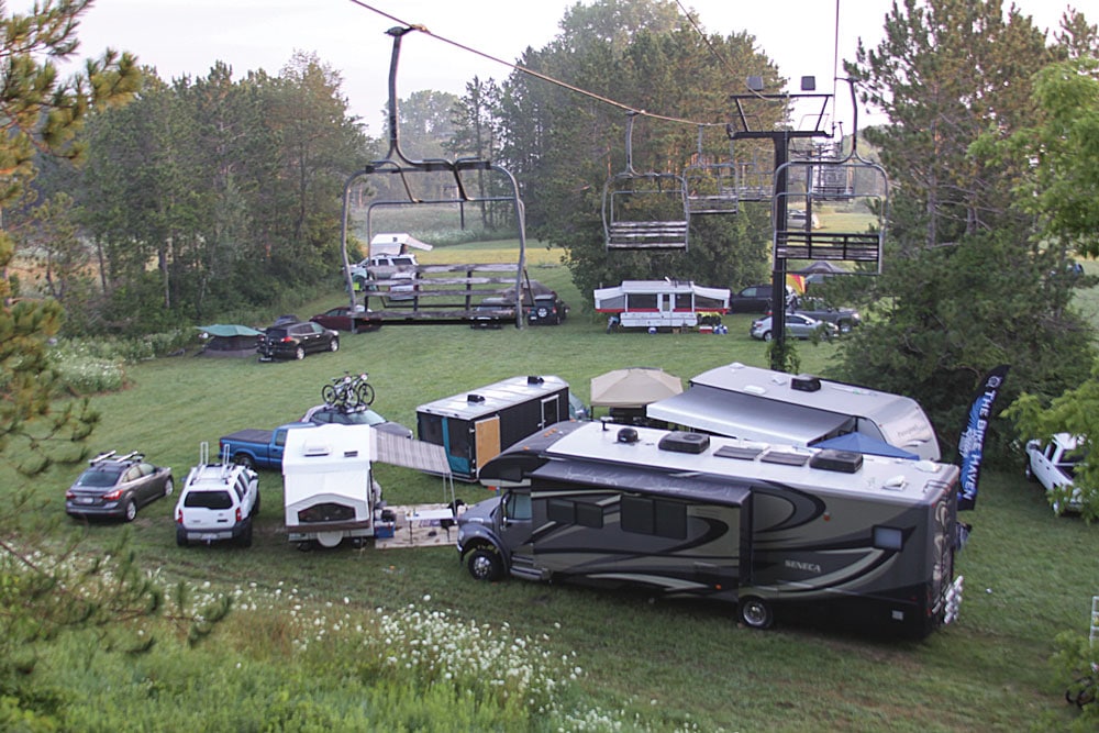 The author’s Seneca made the ideal basecamp for a weekend bike race, offering a great place to get dressed and recharge. The Jayco also served as the tow vehicle for a friend’s pop-up trailer.