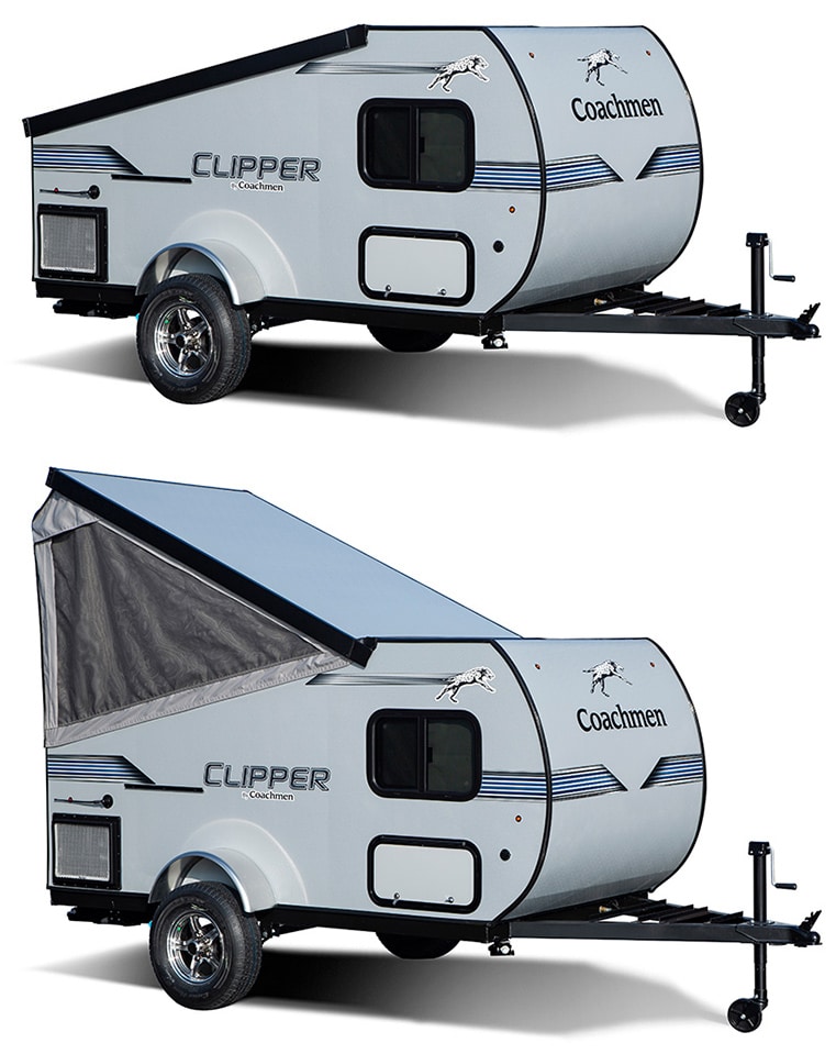 Side views of the trailer in open and closed positions.