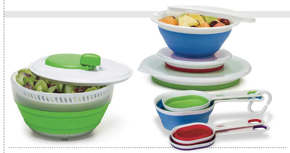 Collapsible salad spinner, mixing bowls and measuring cups