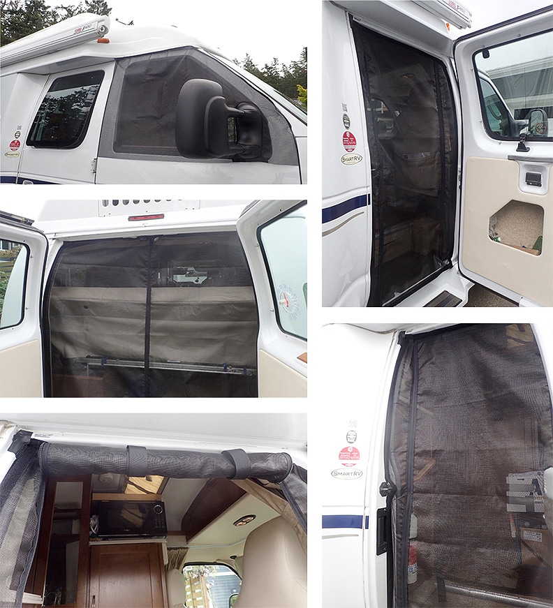 Five photos showing Skeenz in rear and side doors and passenger side of a van-style RV. 