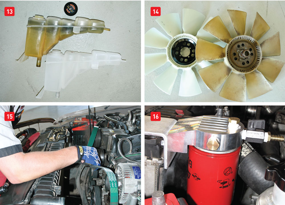 (13) The coolant jug was deteriorating and the plastic brackets were cracking. (14) The fan blade had a bad chip and was clearly showing the brittleness of time. (15) Gates Heavy-Duty FleetRunner Belts are designed to provide twice the service life compared to other heavy-duty serpentine belts. (16) The DieselSite Coolant Filter kit for the 7.3-liter Power Stroke ($129) comes with well-designed brackets and instructions.