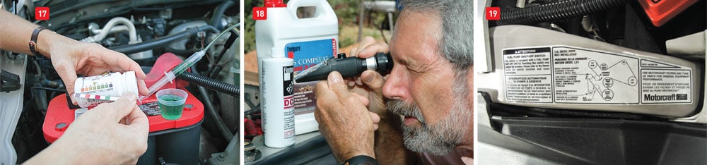 (17) A diesel engine’s coolant should be checked at regular intervals with a test kit such as the Fleetguard CC2607 Quik-Chek. You can also have the coolant analyzed by a professional lab. (18) A refractometer can be used to determine the freeze point protection. (19) There is usually a diagram on the radiator frame showing the pattern the belt must follow.