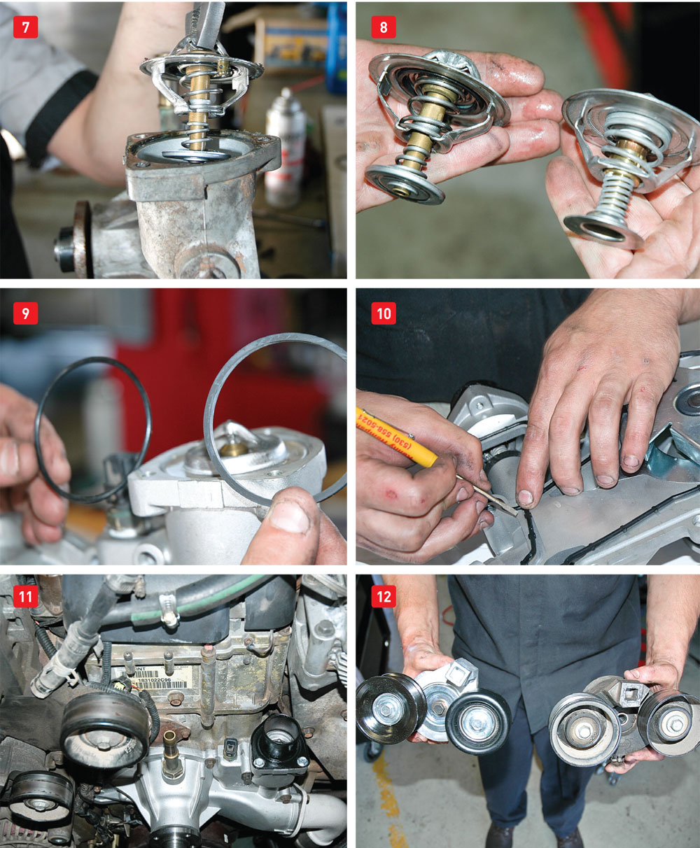 (7) The factory thermostat was easy to remove. (8) The Heavy-Duty Gates thermostat (right) will ensure accurate heat control under extreme variations in temperature, load and engine vibration. (9) The Gates thermostat came with a round gasket. It’s preferable to use the larger flat design that is interchangeable. (10) A small screwdriver is used to push the little nubs in to hold the gasket in place. (11) The new pump was ready for hoses, sensors and the drive belt. (12) Gates tensioners (left) ensure proper performance on serpentine belt drives and reduce noise and vibration.