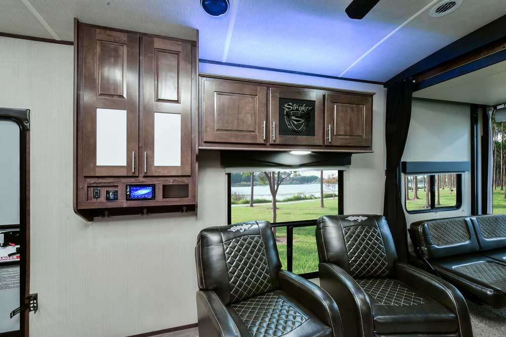 Cruiser-stryker Toy Hauler RV interior with lounge seating