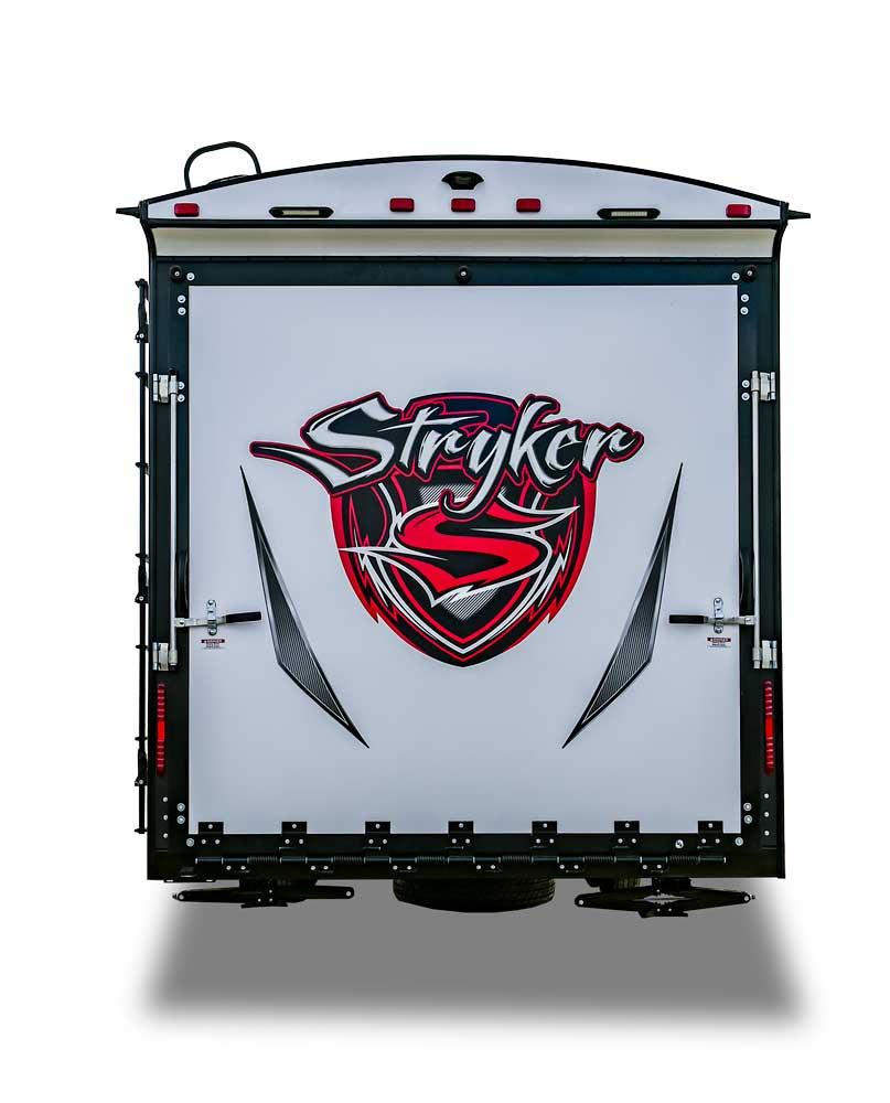 Cruiser-stryker Toy Hauler RV rear view of graphics on garage door