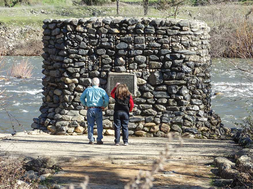 A rock monument in Marshall Gold Discovery State Historic Park marks the location where Sutter’s Mill was actually located. 