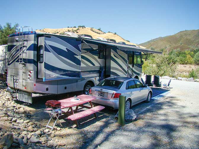 Class A and car at Ponderosa RV park