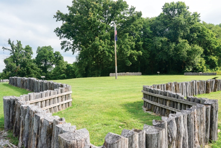 The second of three Fort Knox locations that protected the city from Indian attack has a fence of short logs where the palisade once stood. 