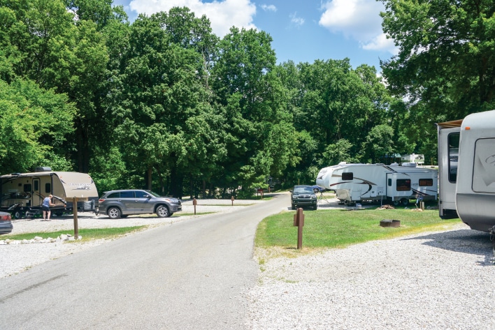 Beautiful Ouabache Trails State Park has an excellent campground just 2 miles north of the city. (Right) Visitors admire the heroic statue of George Rogers Clark inside his memorial.