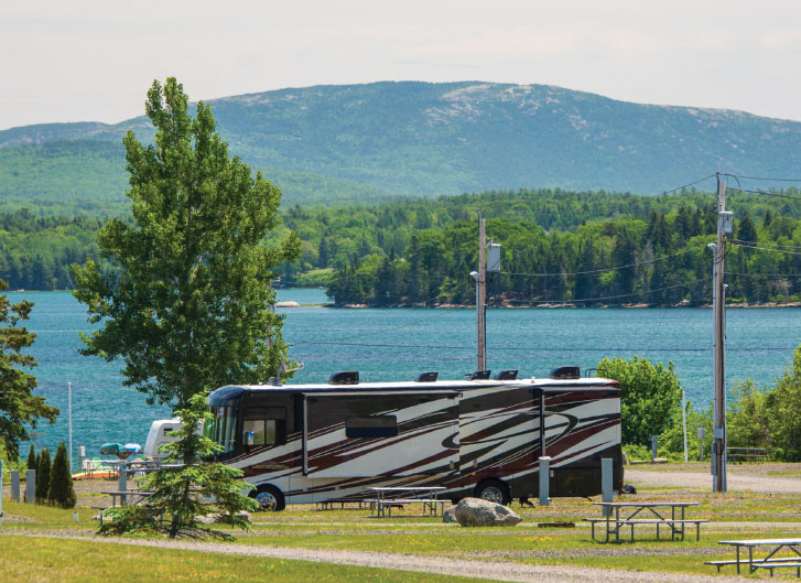 Waterfront camping is available at Narrows Too Camping Resort, located just minutes from Acadia National Park.