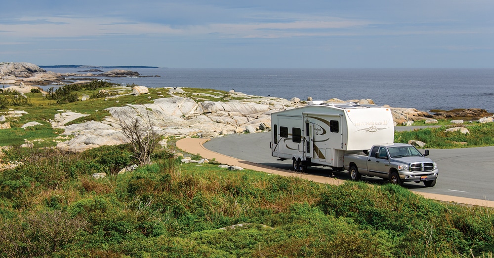 A trip to Nova Scotia is well worth the miles to get there. Some coastal routes are suitable for large RVs, but it’s best to unhitch and take the tow vehicle on all but the main roads. 