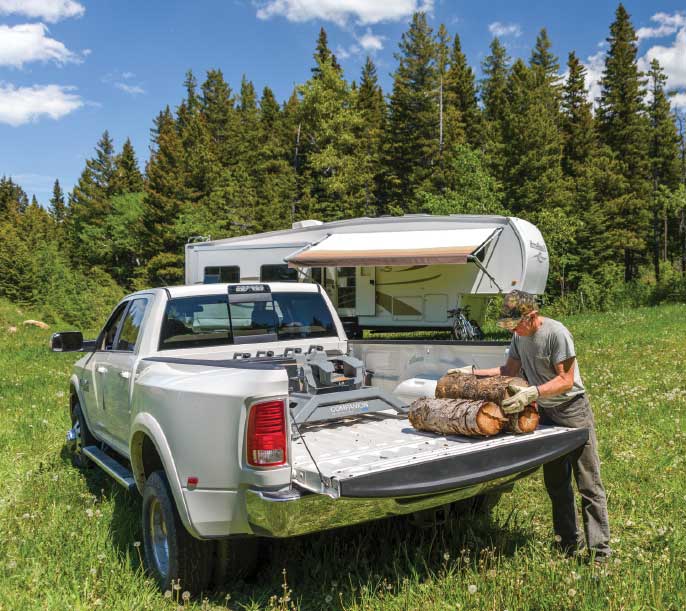 Heavy-duty hauler: Whether transporting logs or towing their fifth-wheel, the Fagans’ one-ton diesel gets a full-time workout.