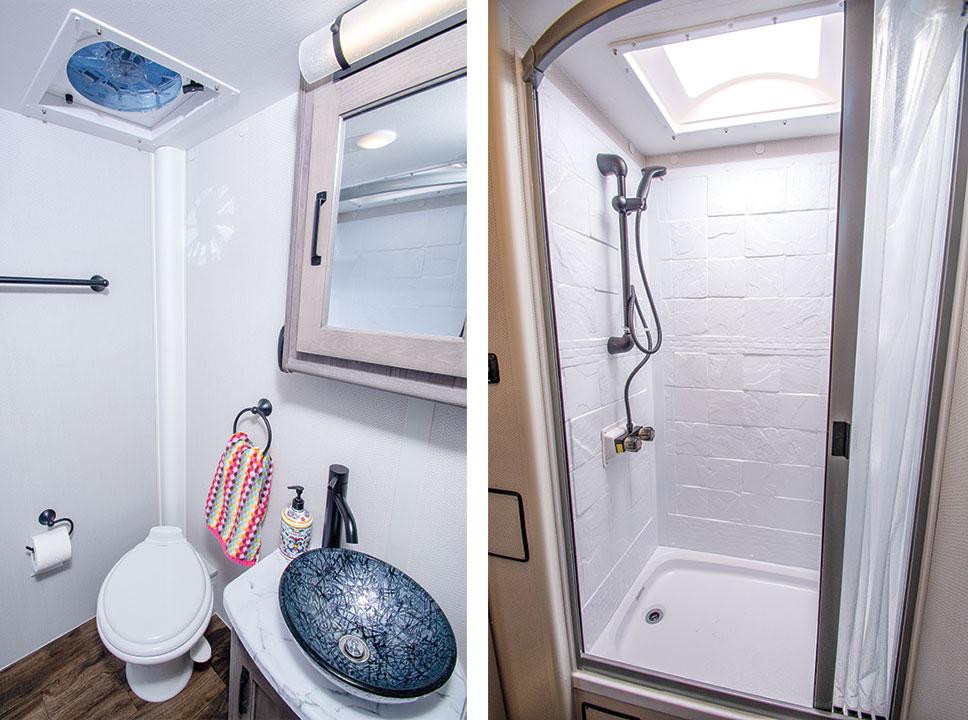 Two views of bathroom showing toilet and sink, and shower, in Lance 2075 trailer