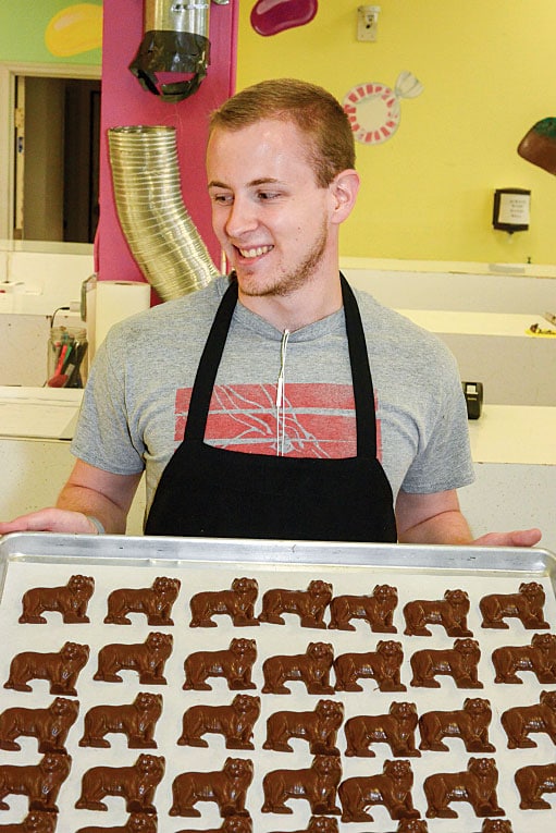 Chocolatier Aaron Schilb at the Candy Factory shows off chocolate tigers made for a Mizzou-themed party. 