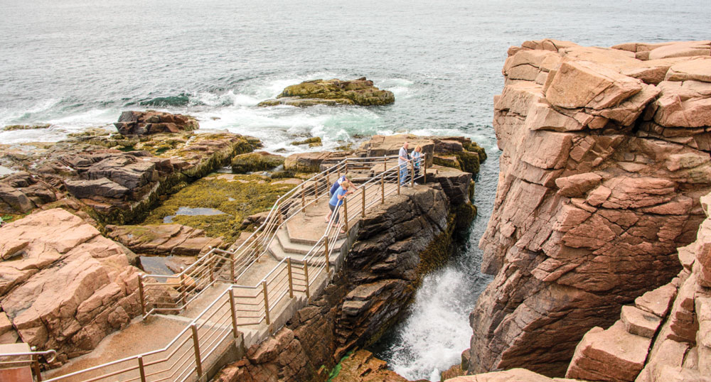 Thunder Hole, on Park Loop Road, is a fun “blow hole” where waves make booming sounds as they crash into a large cave hidden below the granite boulders on the shore.