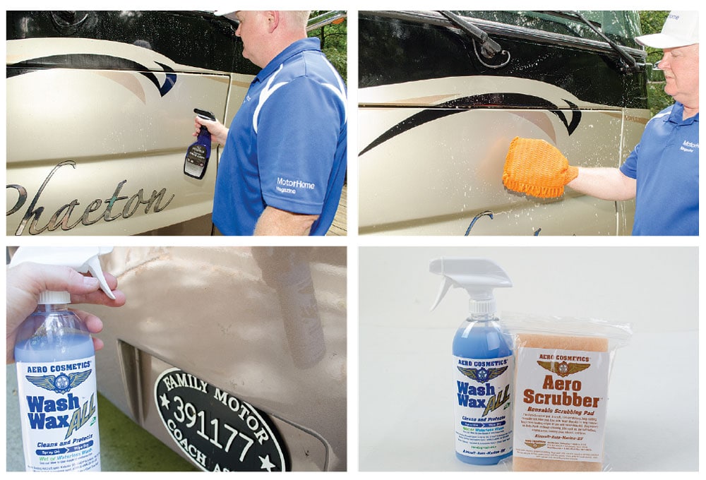 Man using cleaning products on motorhome