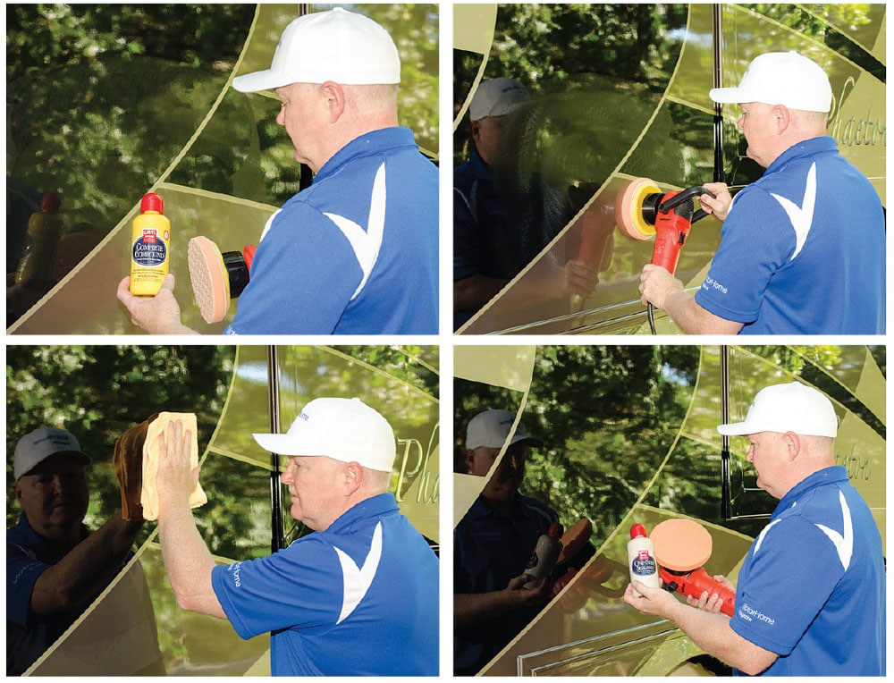 Man waxing and polishing motorhome