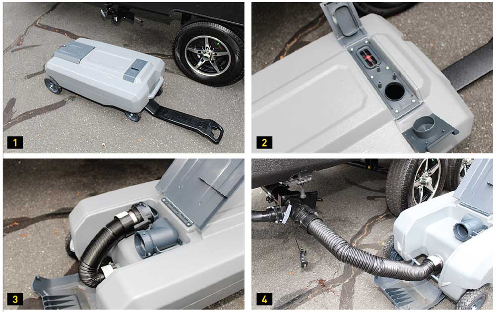 1) After removing the SmartTote2 LX from the packaging, the handle is unfolded, and the tank can be pulled easily. The handle extends for more leverage, if needed. It fits over the tow vehicle’s 25â„16-inch hitch ball for slowly towing the tank to the dump station. 2) The LX has a floating AutoStop level gauge/vent and a rinsing port toward the top. When getting ready to transfer waste from the RV or empty the contents at the dump station, open the gauge side to see when the tank is full and allow the tank to vent when dumping. Leave the rinse door (right) closed until it’s time to flush the tank with clean water. 3) The PermaStore cabinet houses a heavy-duty collapsible sewer hose with an ergonomic bayonet fitting and cap, and a 90-degree elbow for use with a sewer connection. The elbow is shallow, so it’s best to use a sewer donut. 4) The hose connects to the RV’s sewage outlet for evacuating the tanks. While dumping, watch the AutoStop level gauge closely.