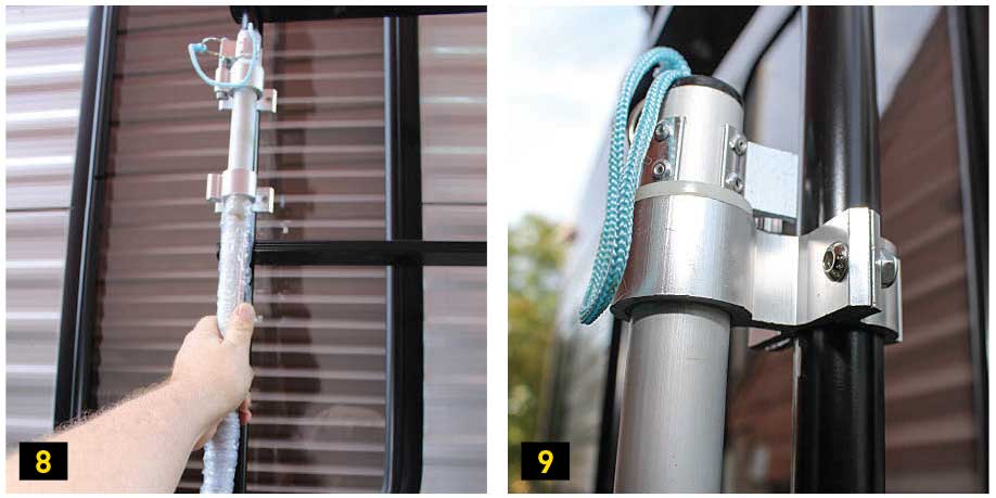 8) The Tote Storage System ladder mount has a left and right arm, which must be mounted in the proper position for unlocking and folding, and high enough so the tank doesn’t block the taillights. 9) The arms feature an aluminum bracket to lock the rotating arms in place.