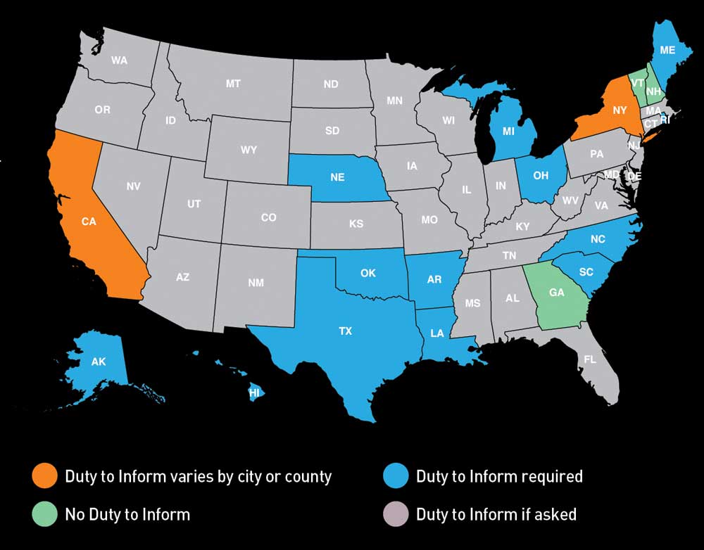 A US map showing the various duty to inform laws