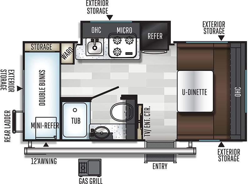2019 Flagstaff E-Pro E16BH floorplan shows kitchen slideout and 12-foot awning.