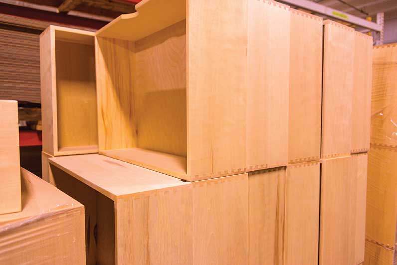 drawers with dovetail joints are stacked at The RV Factory in Elkhart, Indiana.
