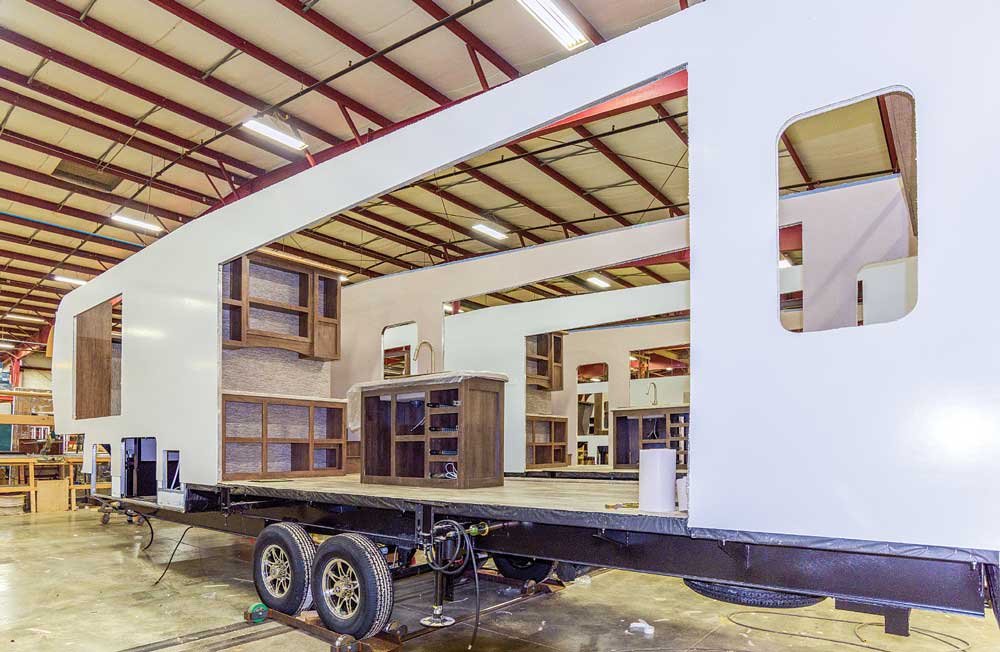 A fifth wheel trailer in the early stages of construction at the K-Z RV factory in Shipshewana, Indiana.