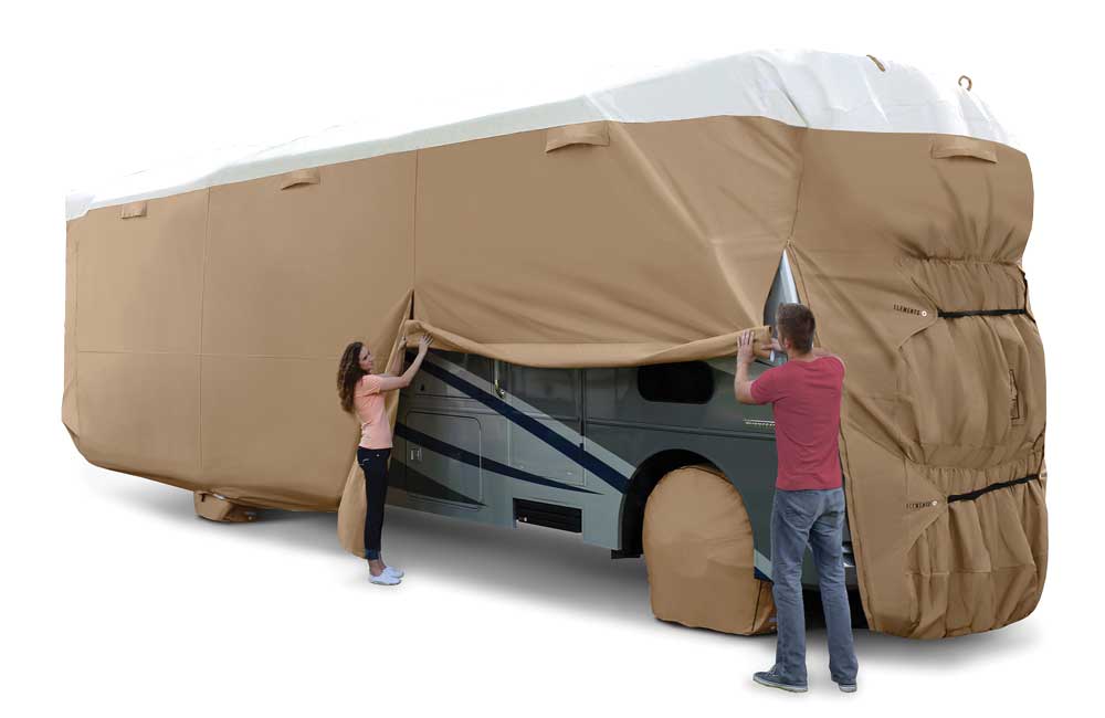 two people covering up rv with Elements All Climate rv cover