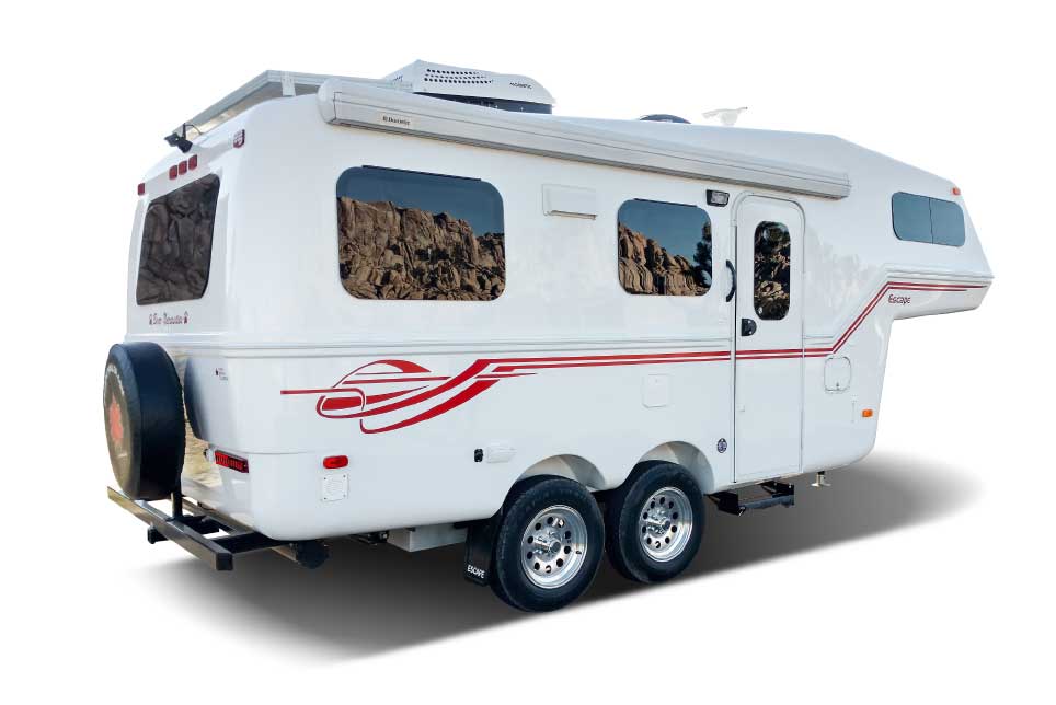 White Escape travel trailer with red lining 