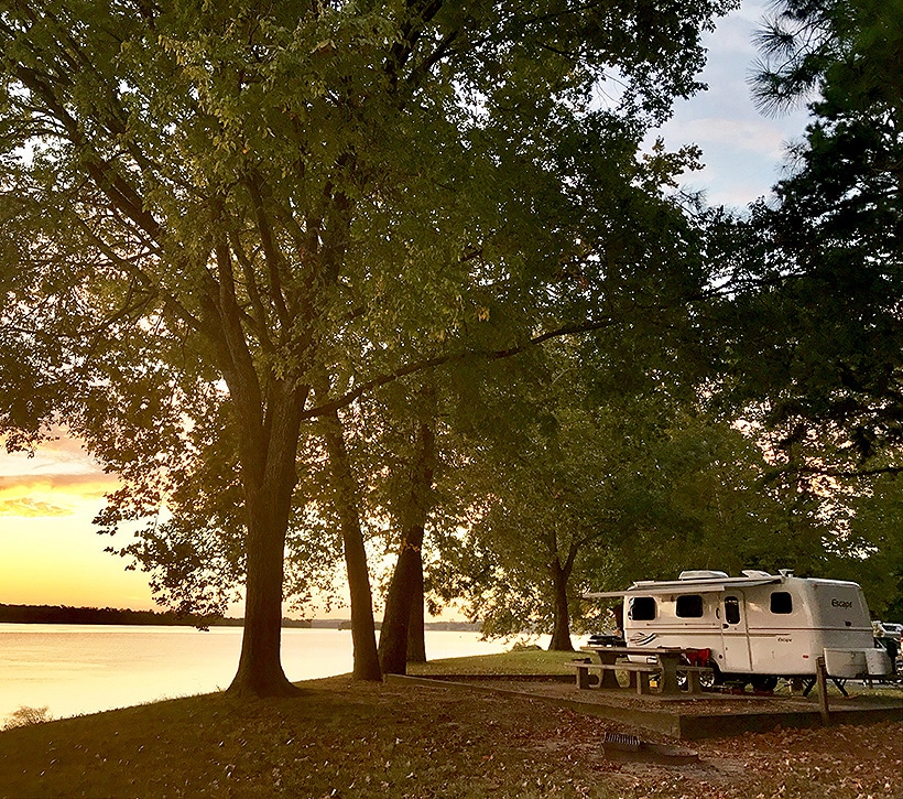 Escape travel trailer on the waterfront.