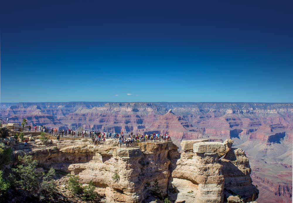 Mather Point, a short walk from the Grand Canyon Visitor Center on the South Rim, is a popular overlook.