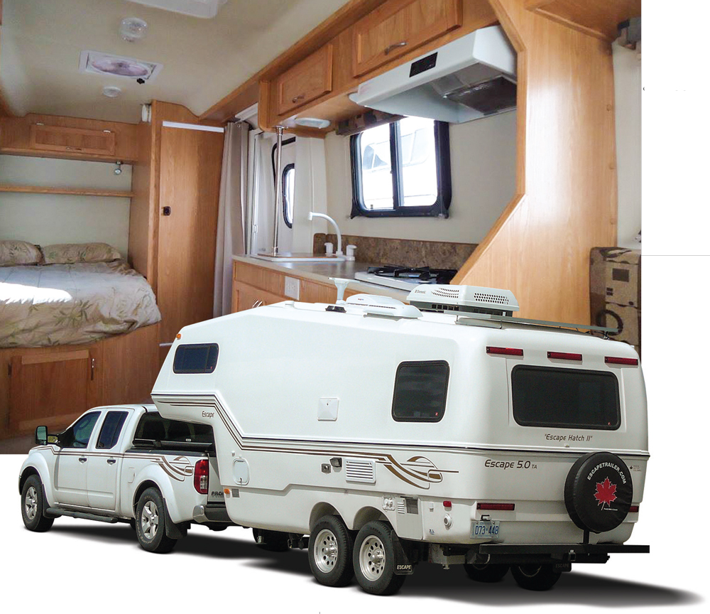 Canada-based Escape Trailer utilizes two-piece fiberglass shell construction for its factory-direct trailers. The Escape 5.0TA comes with a queen bed, a 6.7-cubic-foot  refrigerator, natural oak cabinetry and a long list of other features.