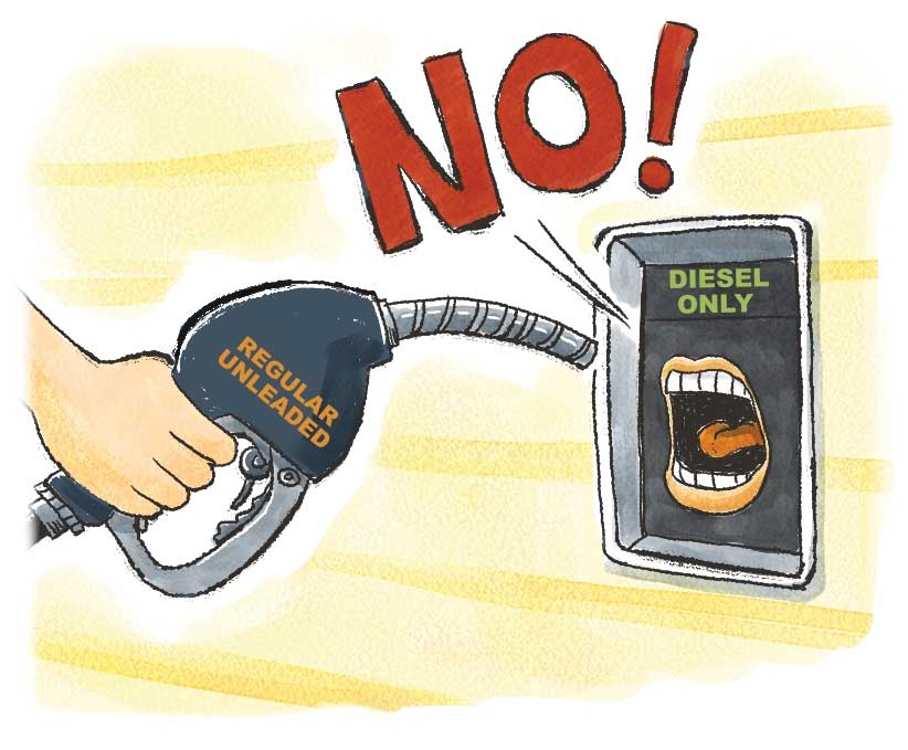 Illustration of diesel fuel saying No to regular fuel