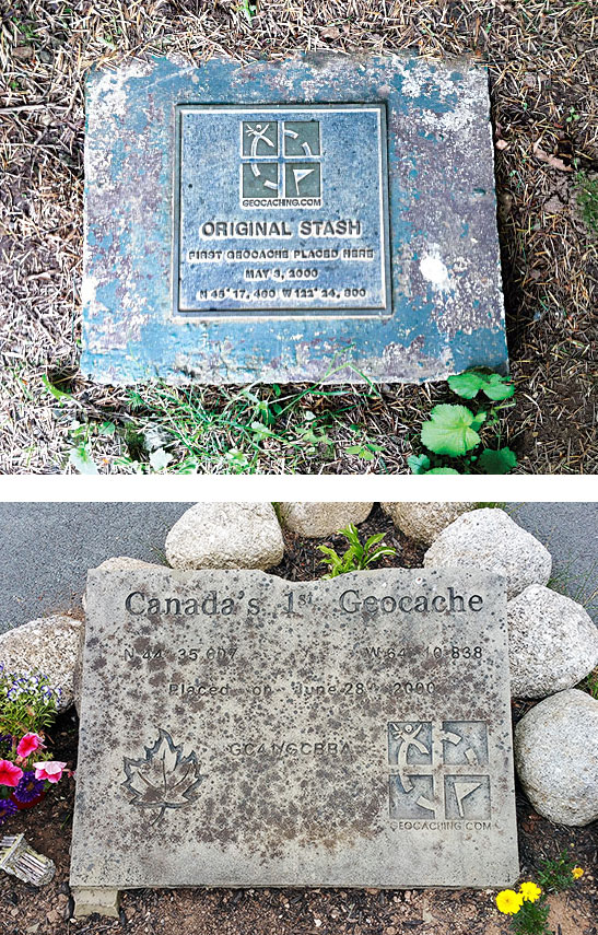 Geocache plaques in Oregon (top) and Nova Scotia (bottom).