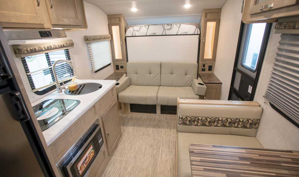 Forest River R-pod 192 travel trailer interior, front seating, dinette area