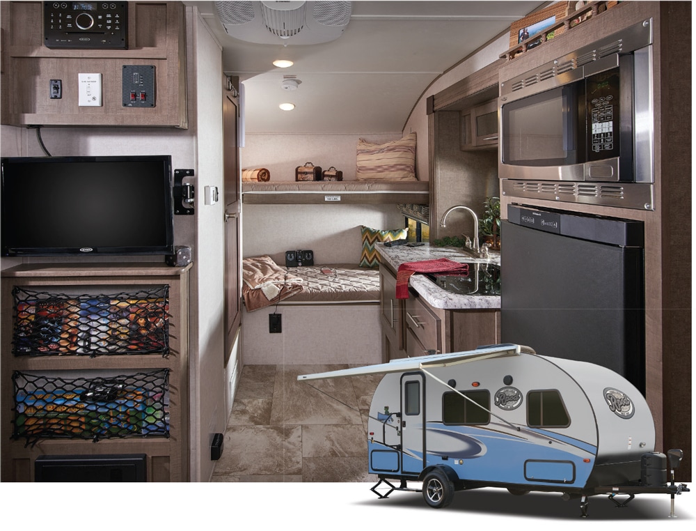 Forest River R-Pod exterior and interior kitchen with entertainment center and bunkhouse