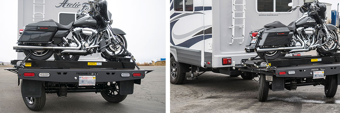 Two views of motorcycle on Freedom Hauler attached to fifth-wheel trailer