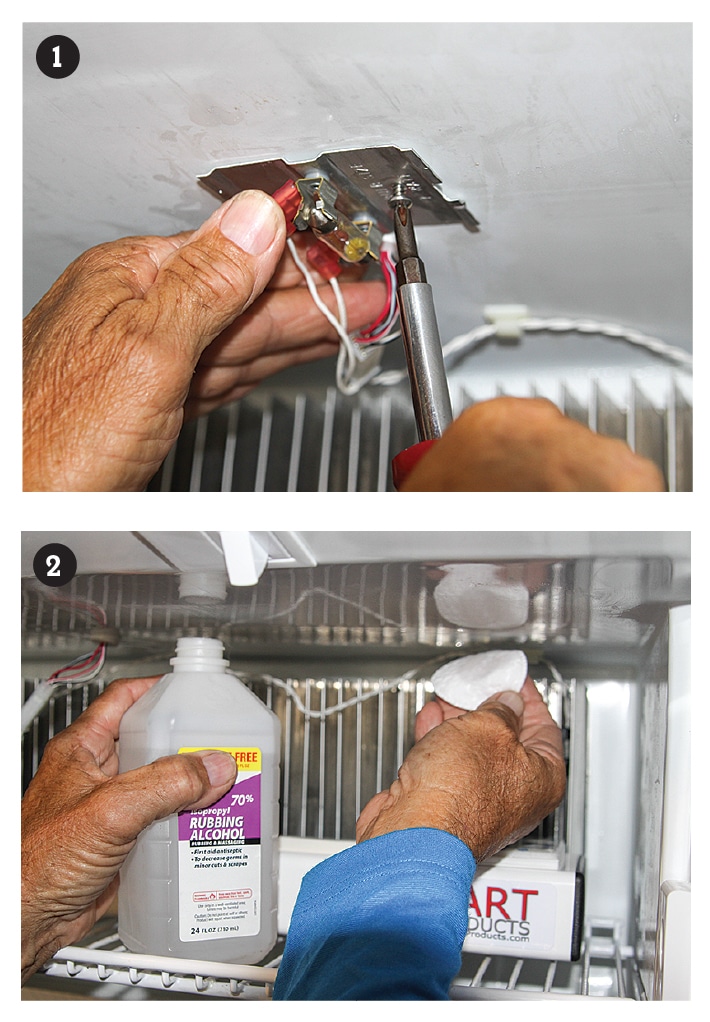 [1] Determine the location for the Fridge-Fix assembly. Remove the refrigerator’s interior light if it interferes with the fan assembly installation. [2] Clean the areas using a mild household cleaner and finish with an alcohol wipe where the Fridge-Fix will attach with hook-and-loop fastener. 