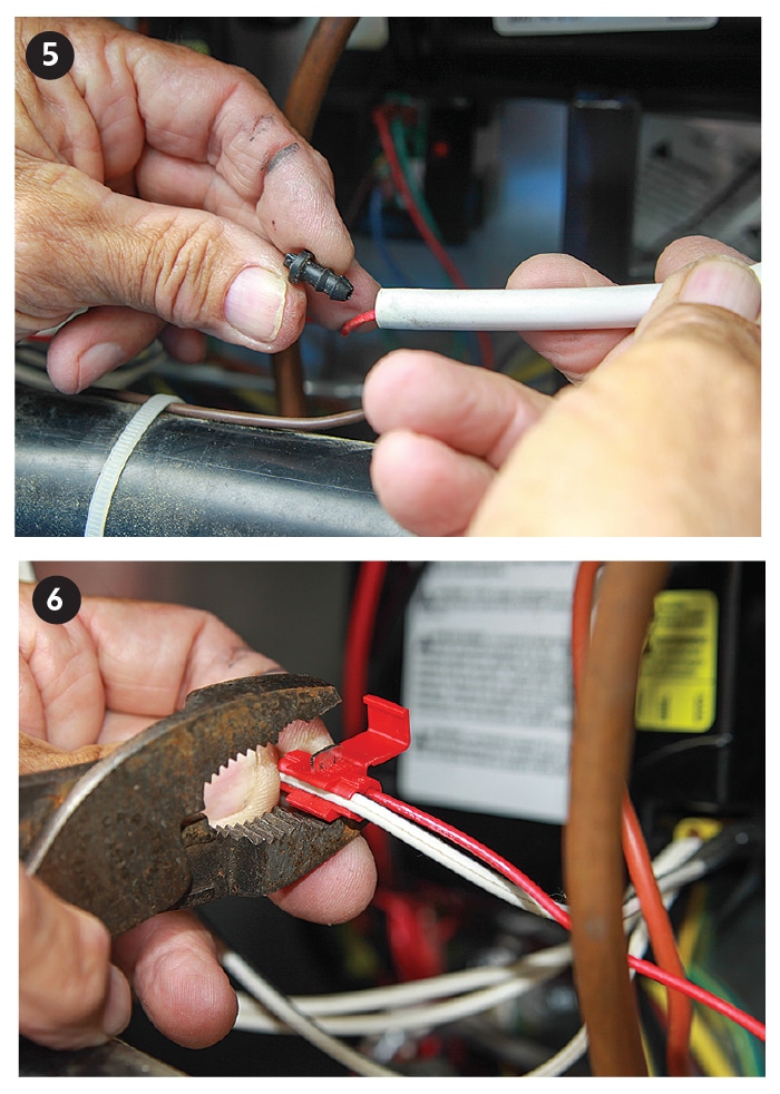 [5] Remove the rubber plug from the condensation drain tube at the rear of the refrigerator and pull the red wire through. [6] Using the supplied Scotchlok, attach the red wire to the refrigerator’s incoming positive wire.